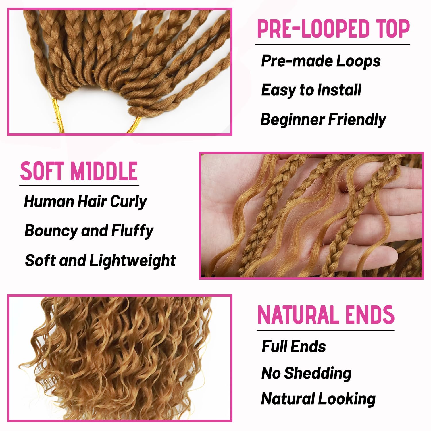 Goddess Box Braids Crochet Hair 9 Packs 24 Inch Boho Crochet Briads Human Hair with Curls Bohemian Box Braid Crochet Braiding Hair Extensions (24Inch, 27#)