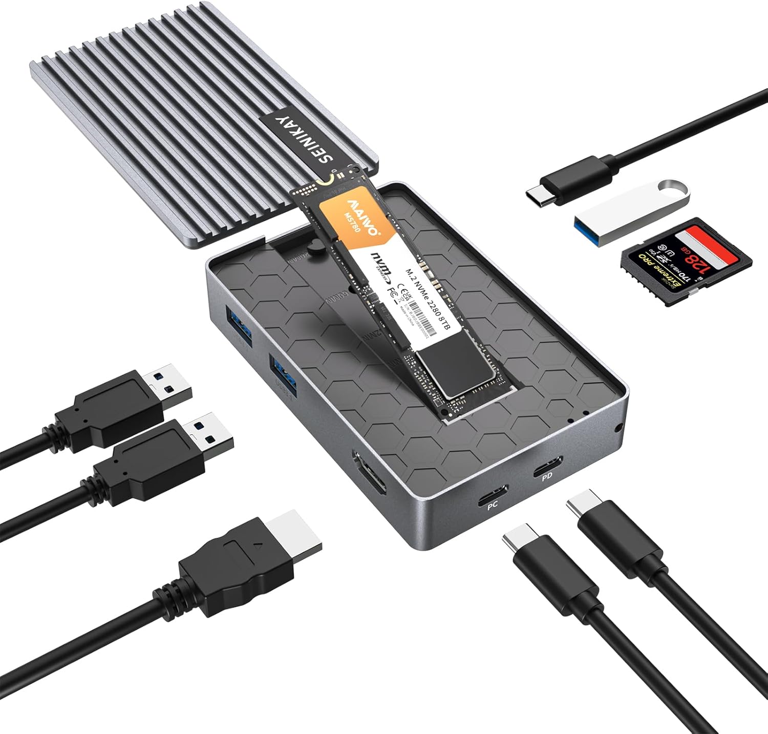 8 in 1 Laptop Docking Station, USB C Docking Station with M.2 Slot, USB 3.1& 2.0 Ports, 4K HDTV, SD/TF