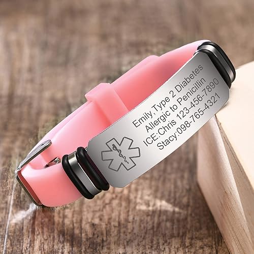 Miniatura 5 de VNOX Pulseras de alerta médica para hombres y mujeres niños con grabado gratuito ajustable de malla de acero inoxidable pulseras de identificación