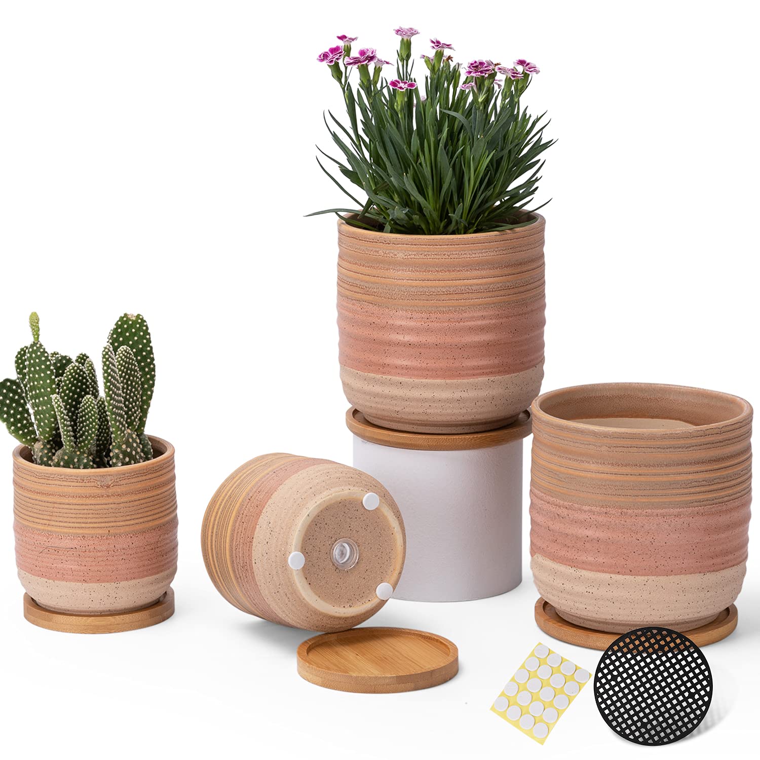 TAMAYKIM 5.25 Inch + 4 Inch Gradient Colors Ceramic Rustic Plant Pots with Drainage Holes and Saucers, Unglazed Flower Pots with Trays for Indoor Plants, Succulent, Herbs, Set of 4