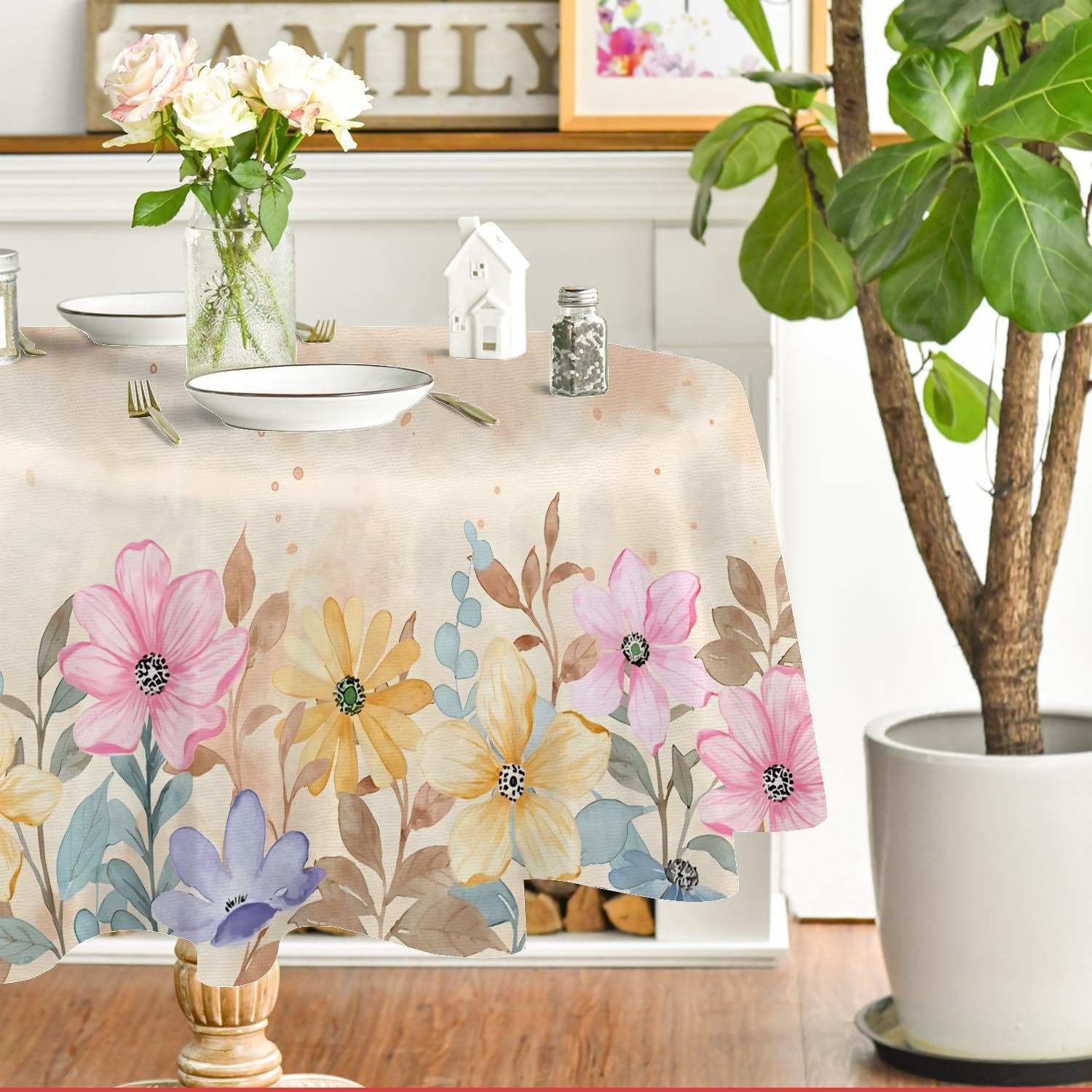 Wildblume Abwaschbar Tischdecke Rund 160, Boho Botanisch Tischtuch aus Polyester Wasserabweisend mit Lotuseffekt, Frühlingsblumen Tischdecken für Esszimmer, Party, Balkon, Garten, G-271