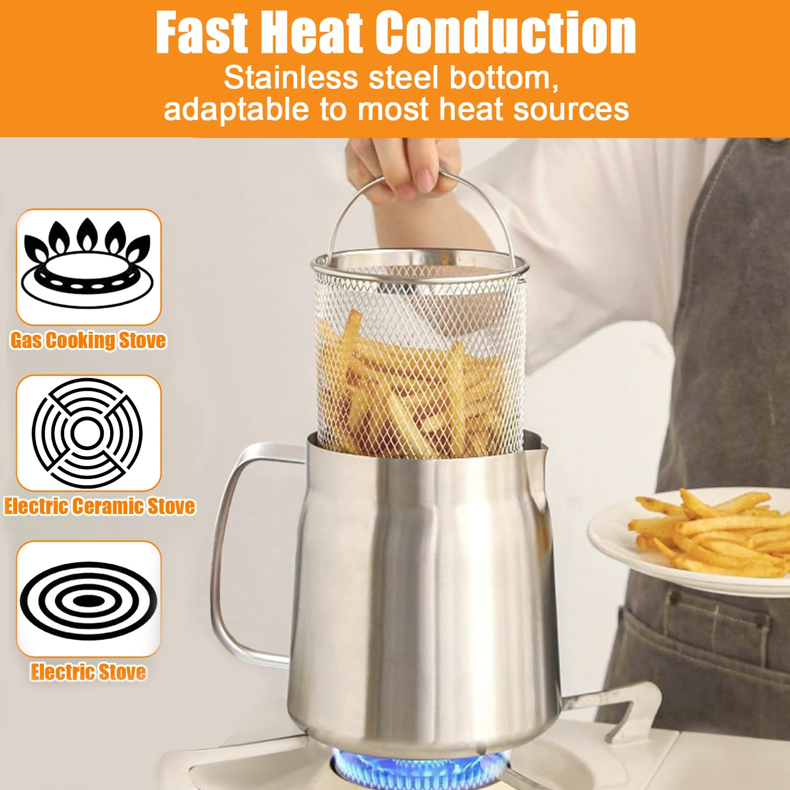 Friteuse Acier Inoxydable 304 avec Mailles Filtre Fines & Filtrant Panier, Marmite Huile Multifonctionnelle 2L Couvercle Anti-Poussière, Récipient Graissee Poignée pour Graisse Cuisson Frire