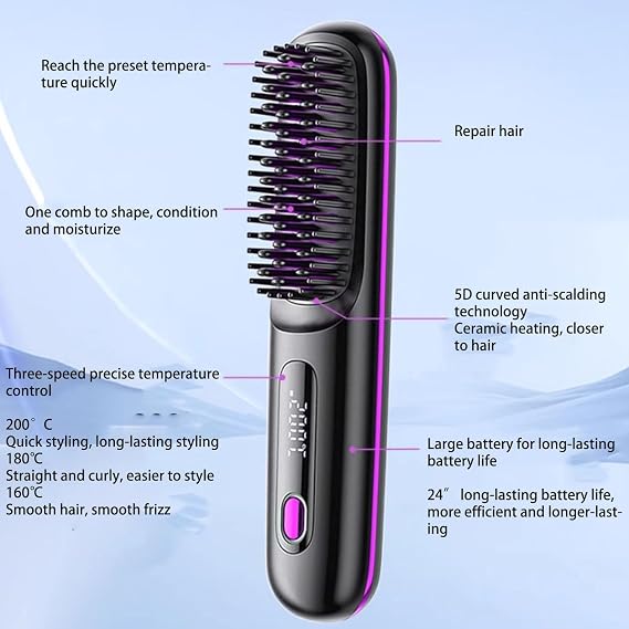 Go Brush Pro, Cordless Straight Hairbrush, Electric Hairbrush, Portable And Compact, Type-C Charging, 20 Seconds Quick Heating, Three-speed Adjustment(Pink)