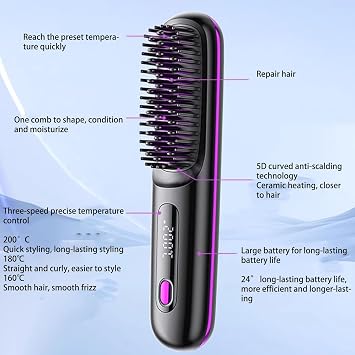 Go Brush Pro, Cordless Straight Hairbrush, Electric Hairbrush, Portable And Compact, Type-C Charging, 20 Seconds Quick Heating, Three-speed Adjustment(Pink)