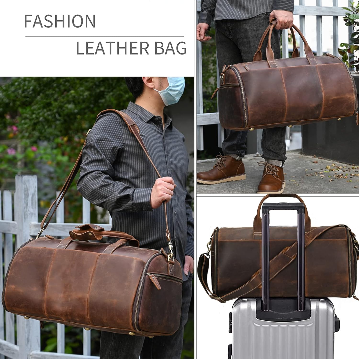 Leather Garment Bag for Men, Convertible Carry on Garment Duffel Bag for Travel Weekender Bag 2 in 1 Hanging Suitcase Suit Bag - Image 4