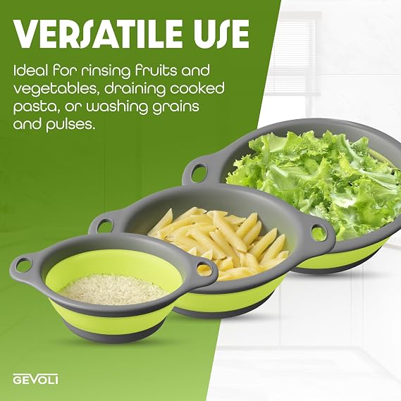 Gevoli 3-Pack Collapsible Colanders, Self-Draining Base, Over-Sink Edge Strainers, Small/Med/Large Sizes, Nesting Storage (3Qt, 4Qt, 5Qt Set) Green/Gray