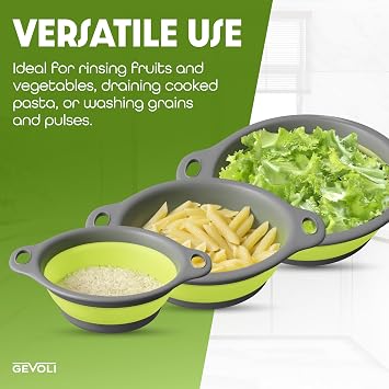 Gevoli 3-Pack Collapsible Colanders, Self-Draining Base, Over-Sink Edge Strainers, Small/Med/Large Sizes, Nesting Storage (3Qt, 4Qt, 5Qt Set) Green/Gray