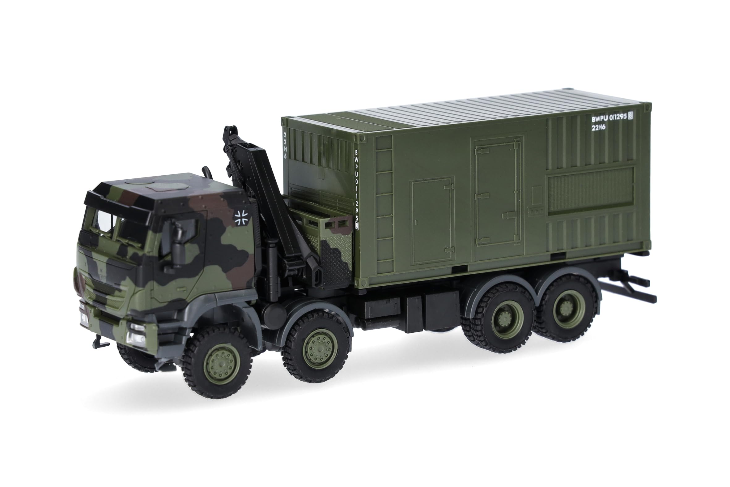 Herpa Military LKW Modell Iveco Trakker 8x8 LKW mit Kran 20 ft. Container „Bundeswehr“, Miniatur im Maßstab 1:87, Sammlerstück, Made in Germany, Kunststoff