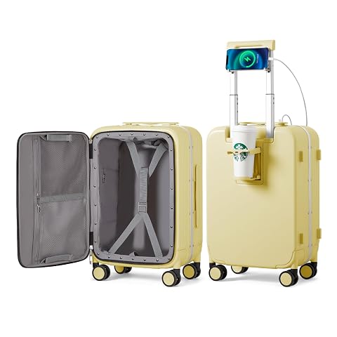mixi Carry On Luggage with Cup Phone Holder and Charger Hard Shell Suitcases with Spinner Wheels 20 Inch