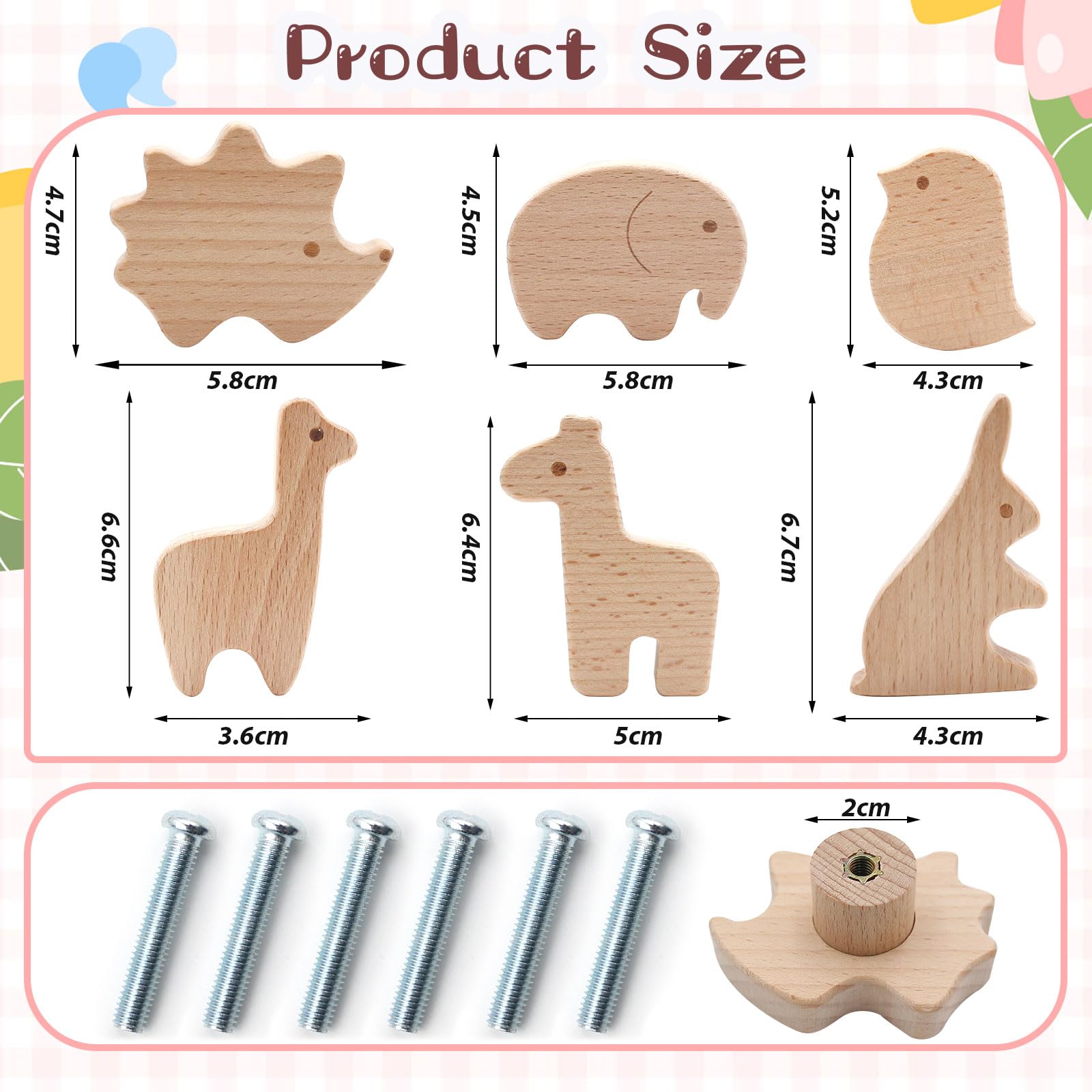 6 Stück Schrankknöpfe Holz fur Kinderzimmer, Möbelknöpfe Tierformen,Holzknöpfe Kommode mit Schrauben, Holz Schubladengriff, Holzgriffe für Schränke Türknöpfe für Kinder