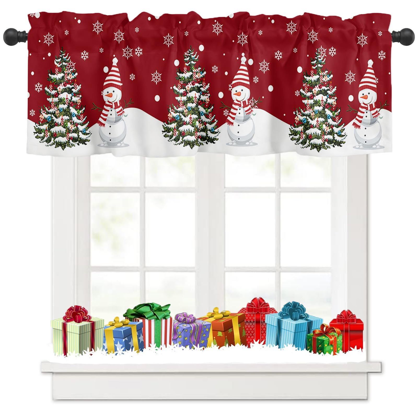 Tokusyou Visillo de Navidad, cortina decorativa, cortina de Navidad, color rojo, cortina de muñeco de nieve, árbol de Navidad, copos de nieve, opaca, para cocina, ventana, 137 x 45 cm