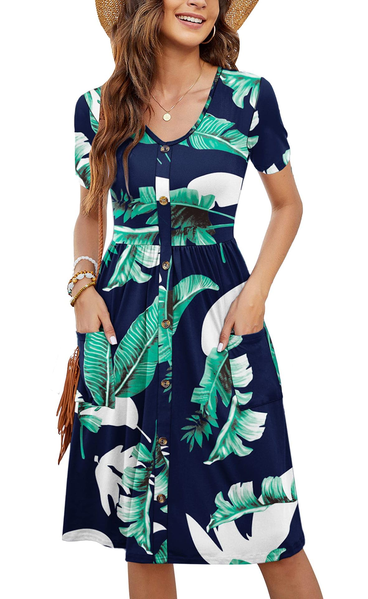 AIOIDI Vestidos de Verano para Mujer Mangas Cortas Escote en U Casual Swing Cintura elástica Vestido Midi con Bolsillos