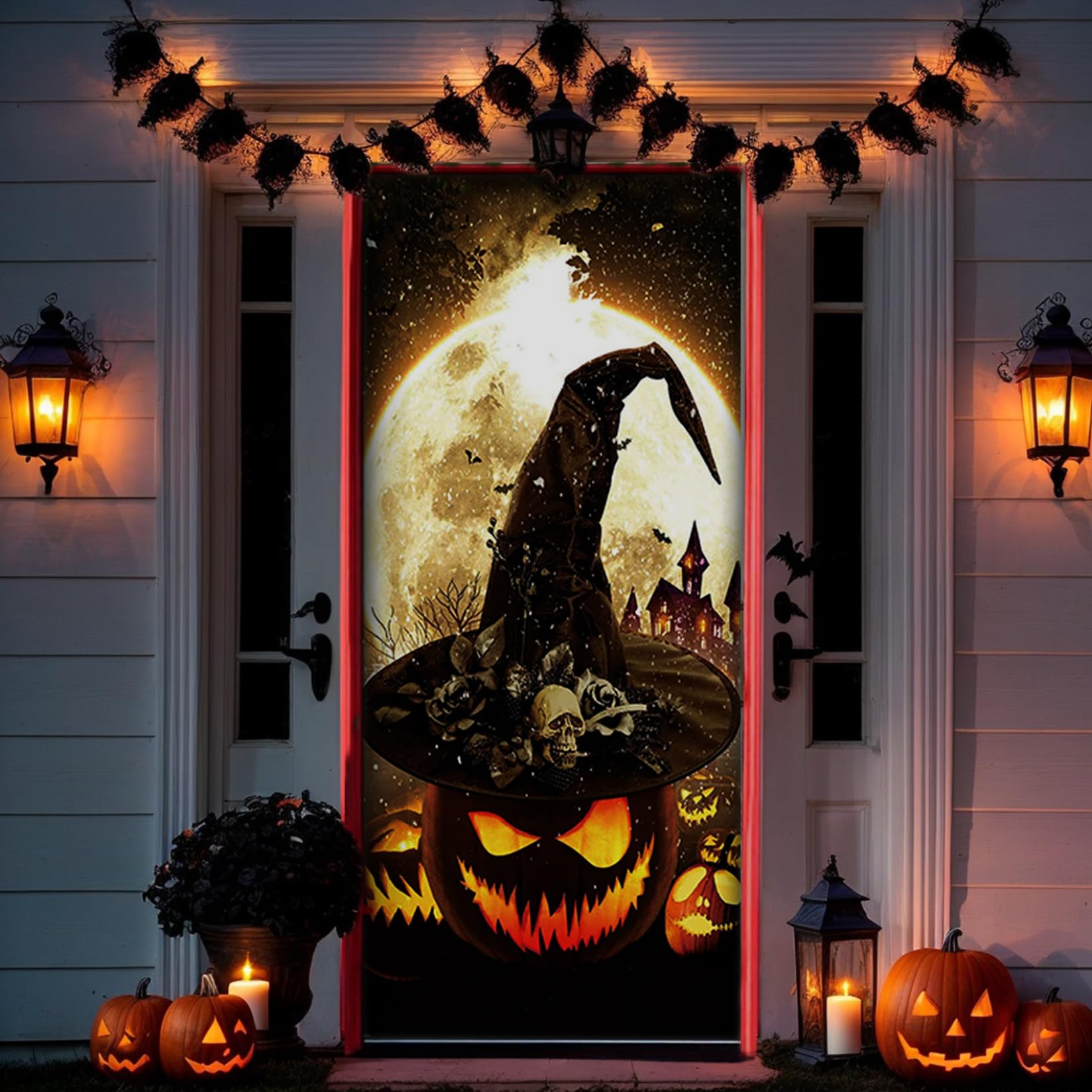 CAKEEYUM Halloween Door Cover 36x80 Pumpkins Wearing Witch Hats Halloween Front Door Decor for Outdoor Indoor Background Wall Decoration