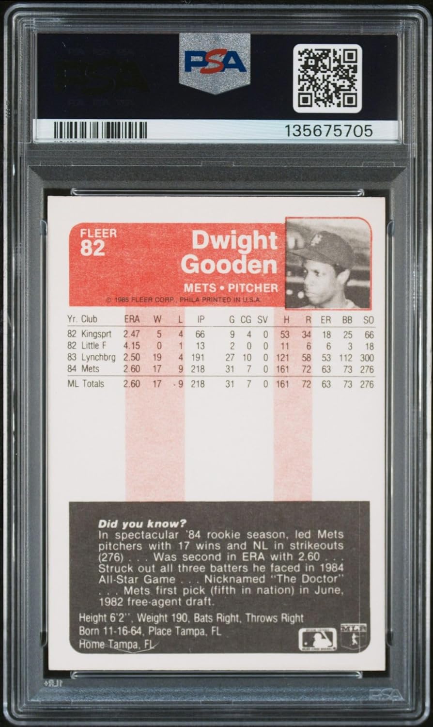 Dwight Gooden 1985 Fleer Signed Baseball Rookie Card #82 Graded PSA 9 Auto 9 Cert #135675705