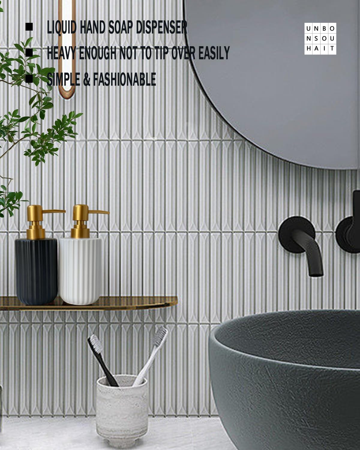 Ceramic Hand Soap Dispenser with Plastic Pump, Simple Style Gold and Black Cylindrical Dispenser - Image 5