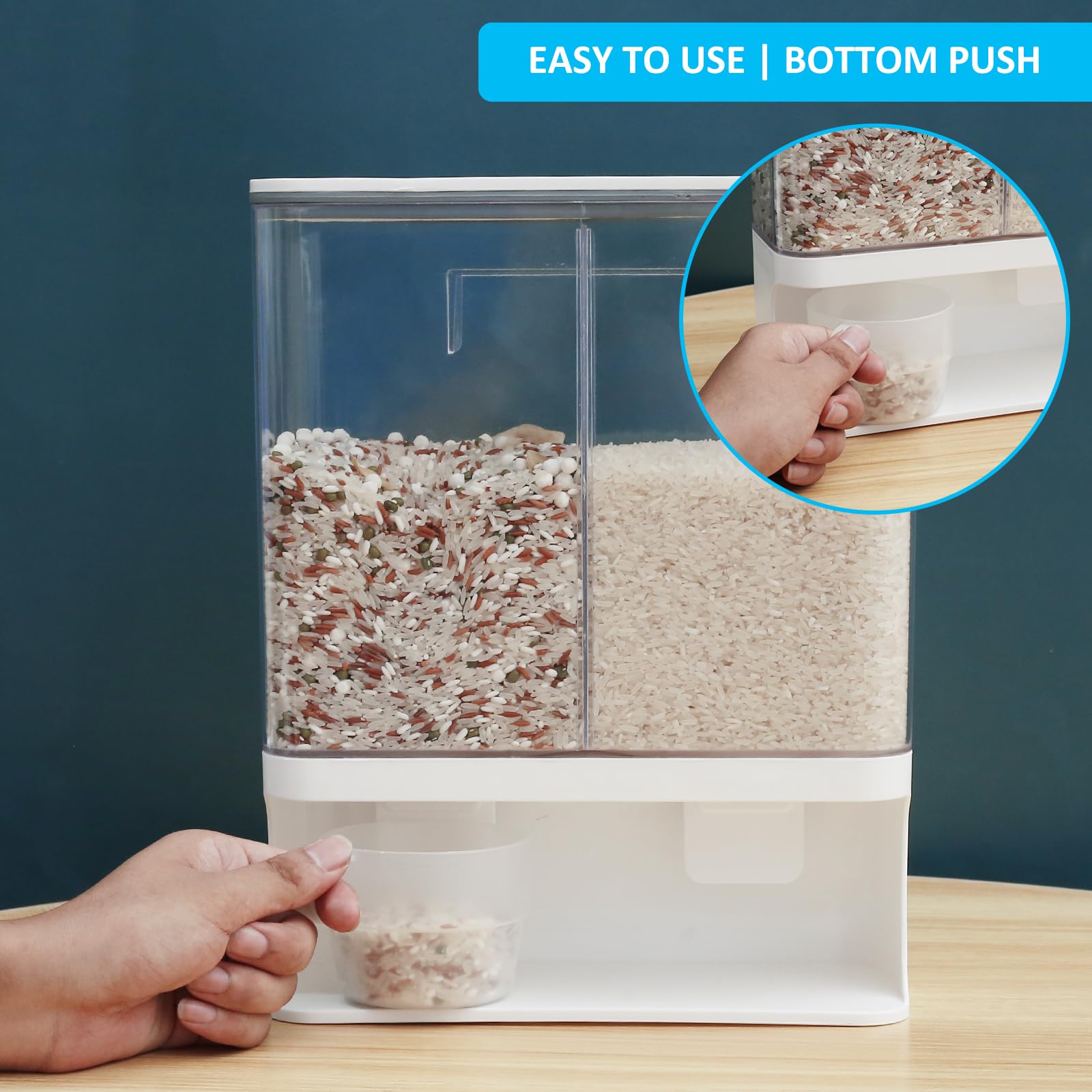 Contenitore per riso, 1500 ml, dispenser sigillato da parete, con coperchio e tazza, per cucina, design trasparente, organizer salvaspazio per alimenti