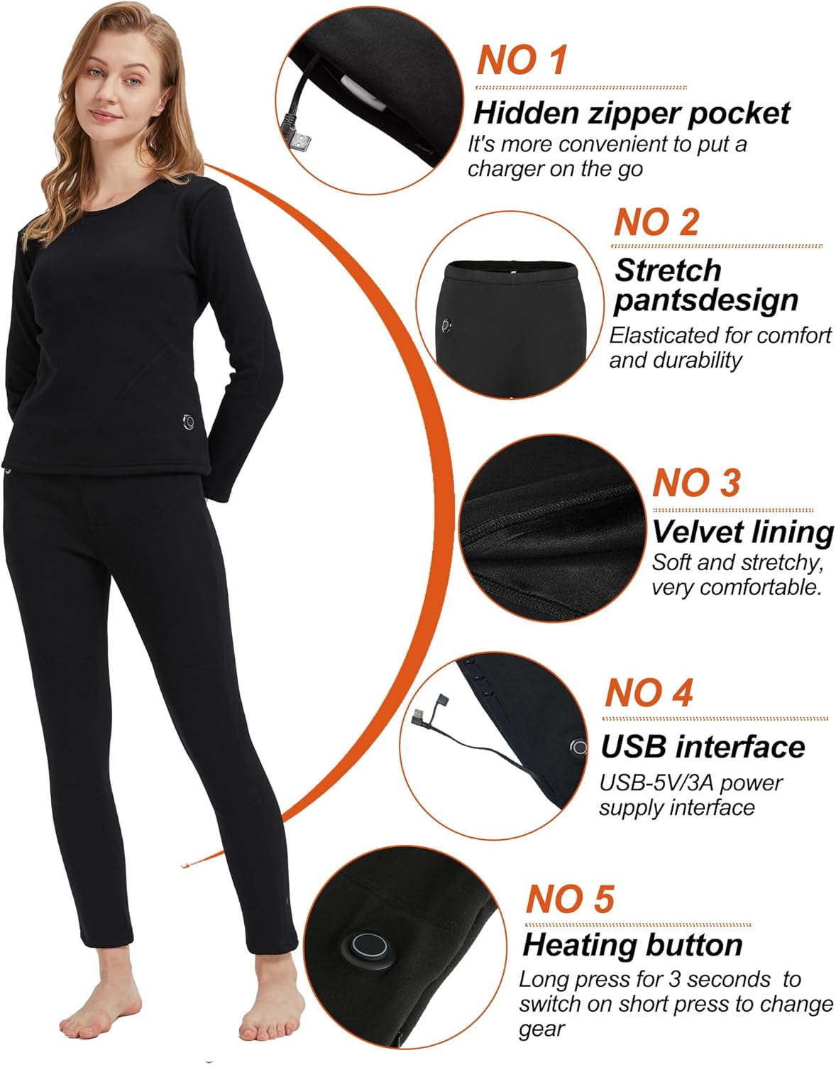Women's Heated Thermal Underwear Set, USB Women's Electric Thermal Heated Long Johns Set with Battery - Image 5