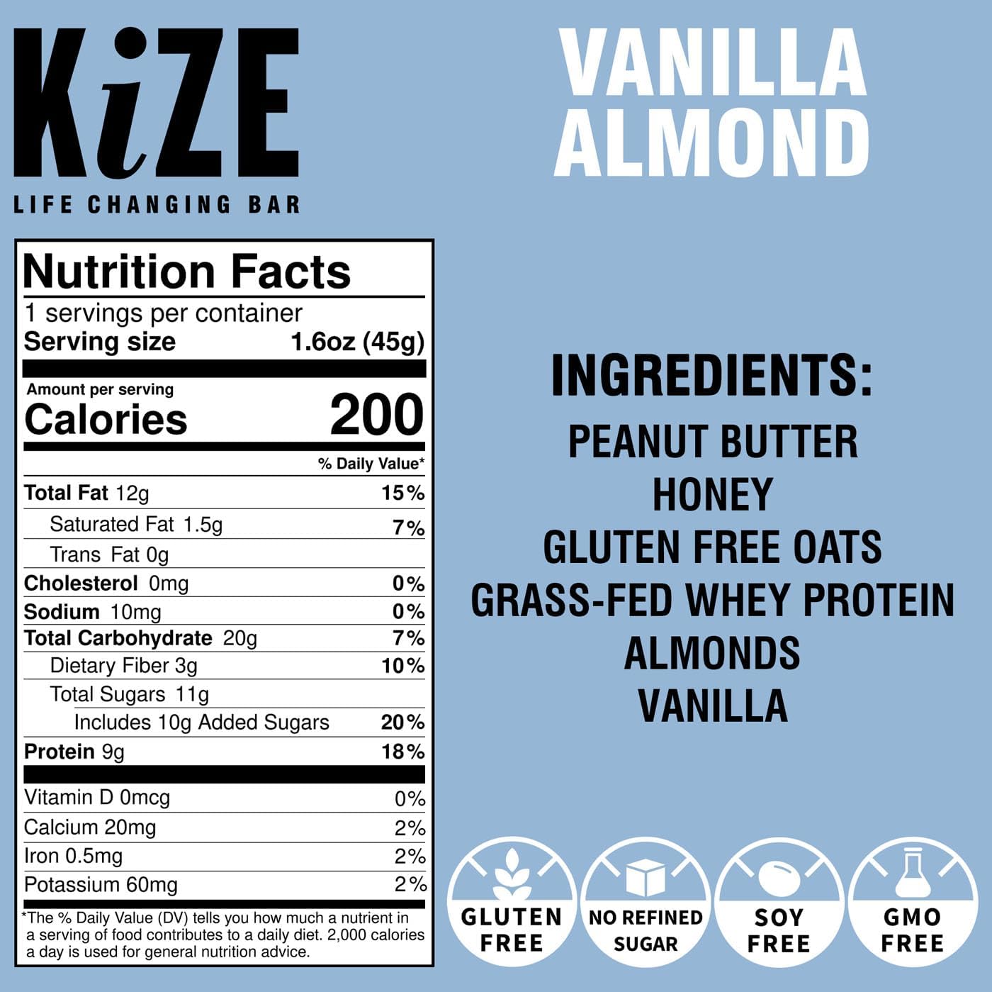 KiZE Energy Bars - Vanilla Almond - Gluten Free, Non-GMO, and High Protein Meal Replacement Energy Bars, Clean and Simple Food Ingredients - 10g High Protein Snacks, (10 Count)