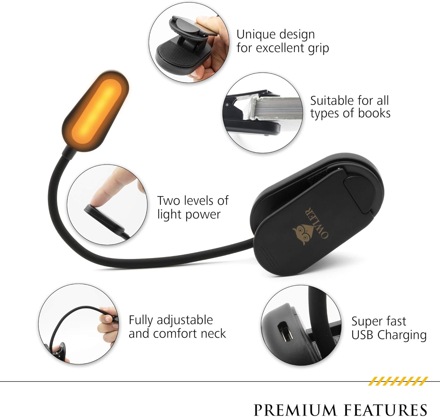 Book Light for Reading in Bed at Night by OWLER, Clip On Amber Book Light, Warm LED Reading Night Light, USB Rechargeable, Kindle Accessory, Lampara para Leer Libros, Comes with Magnifier Bookmark : Electronics
