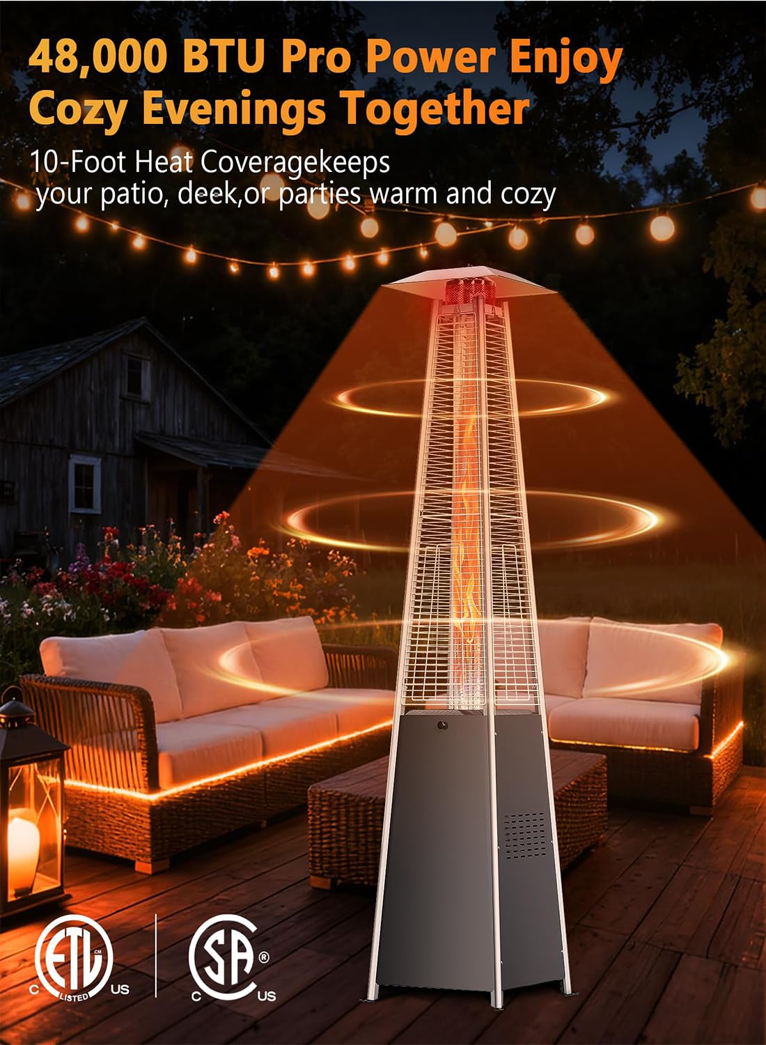 Riscaldatore da Patio a Piramide, Riscaldatore da Esterno a Fiamma Reale in Acciaio Inox, Riscaldatore a Propano da Esterno a Riscaldamento Rapido con Ruote e Copertura Impermeabile