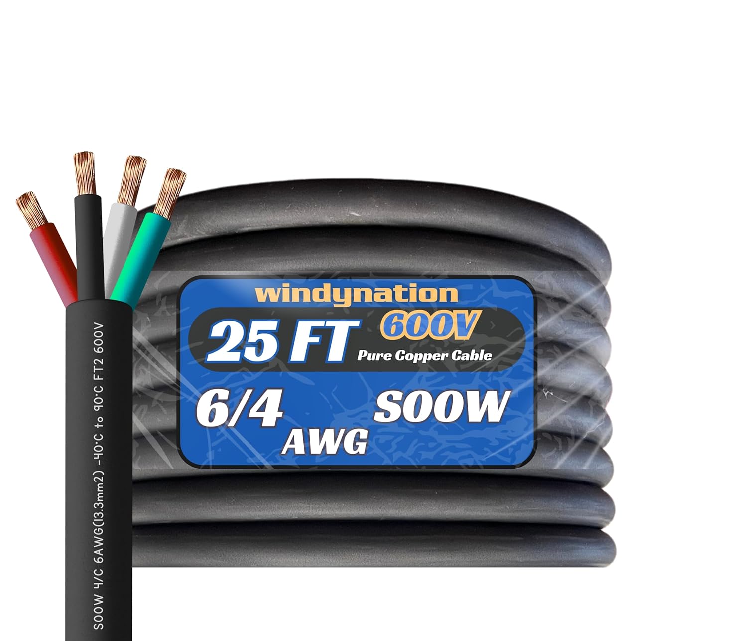 6 Gauge 4 Conductor 6/4 AWG Black SOOW Portable Power Cable Wire (25 Feet)