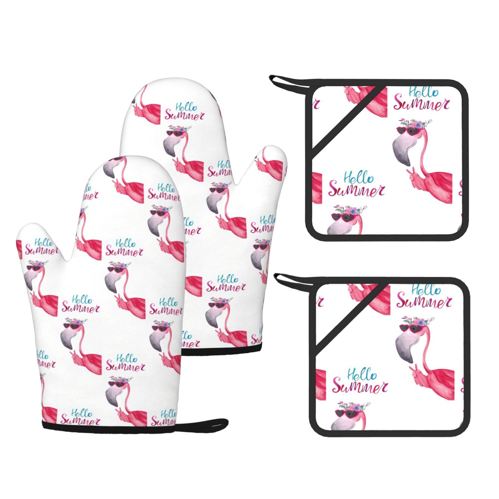Flamingo Printed Potholder and Oven Mitt Set of 4, High Heat Resistant Cooking Gloves for BBQ Grilling