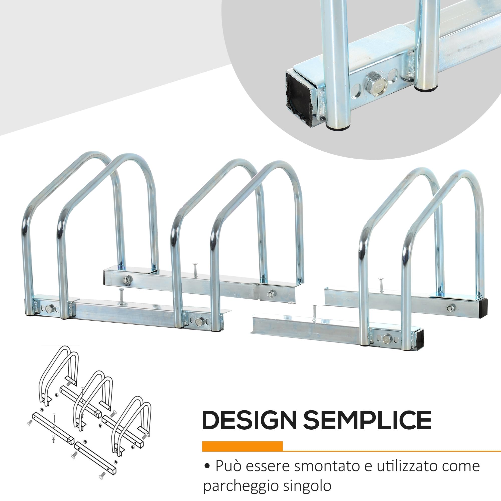 HOMCOM Rastrelliera Biciclette da Pavimento o Parete, Portabici da Terra per 3 Biciclette in Acciaio, Ruote Fino 55 mm, 70.5x33x27 cm, Argento