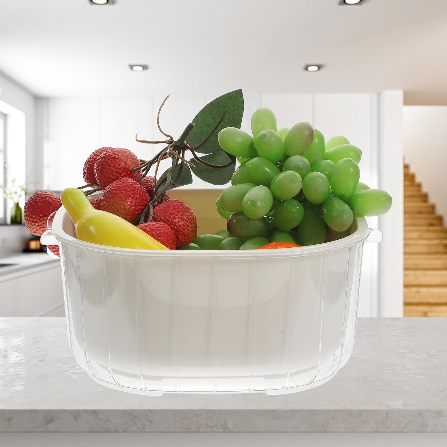 VILLCASE Double Layer Drain Basket for Kitchen Use, Multifunctional Fruit and Vegetable Strainer Made of Sturdy Pp and Pet Material with Quick Water Discharge, for Indoor Kitchen