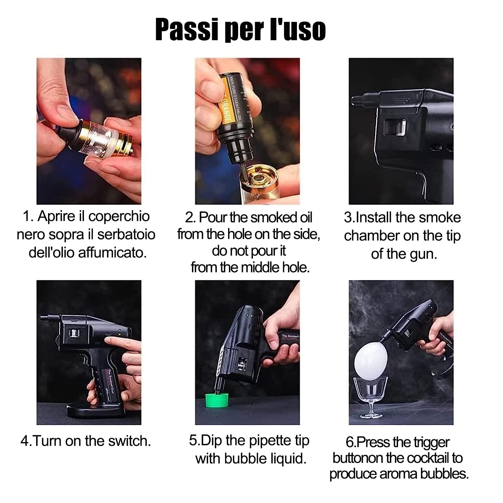 Accessori-Olio essenziale 5pz,Pistola Infusore di Fumo Alimentata Via USB, Kit Pistola Bolle per Affumicatore di Cocktail, Generatore di Fumo Freddo Elettrico Portatile
