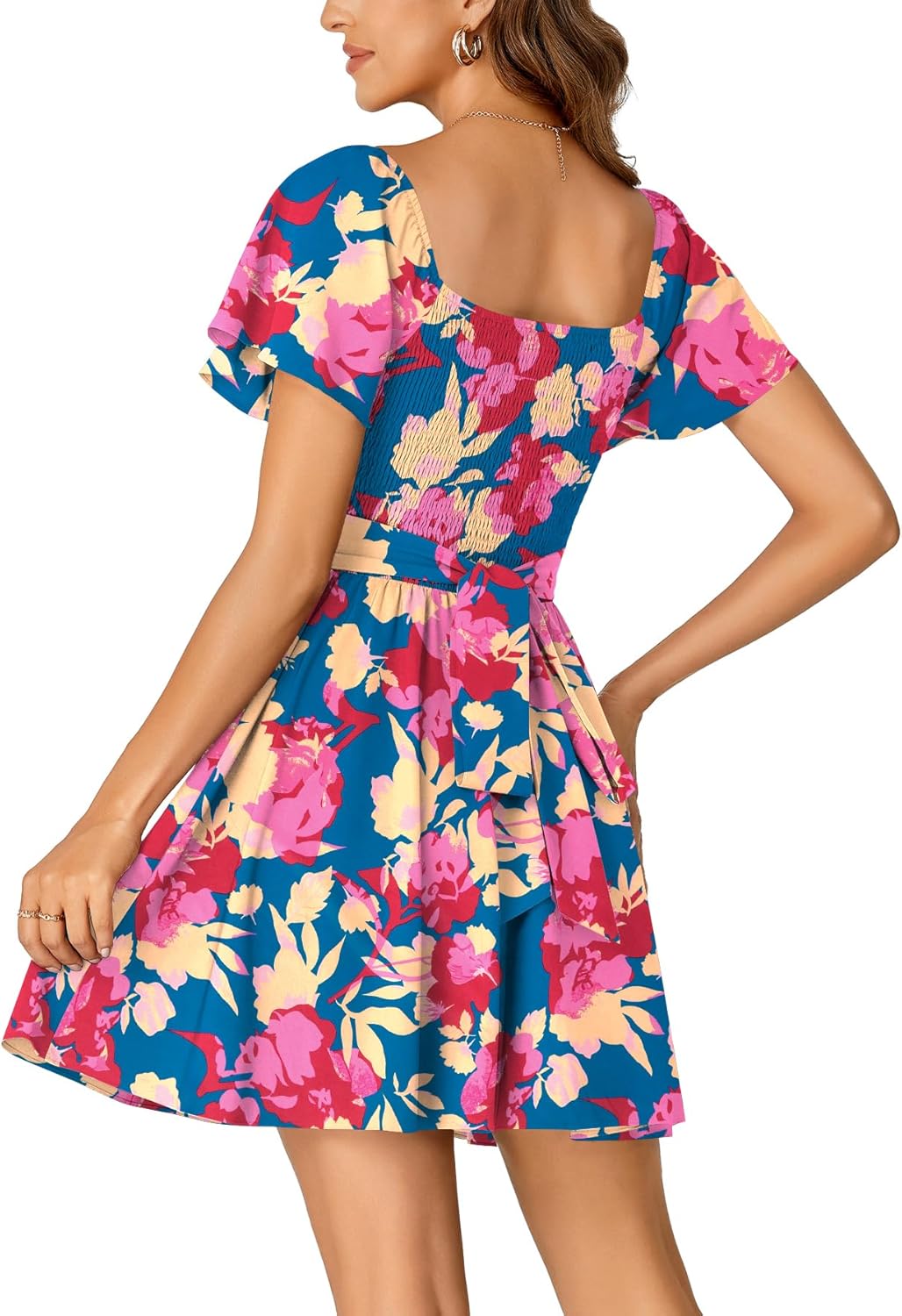 Rooscier Women's Tie Back Square Neck Wrap Ruffle Short Sleeve Flare Mini Dress Blue Floral Large - Image 5