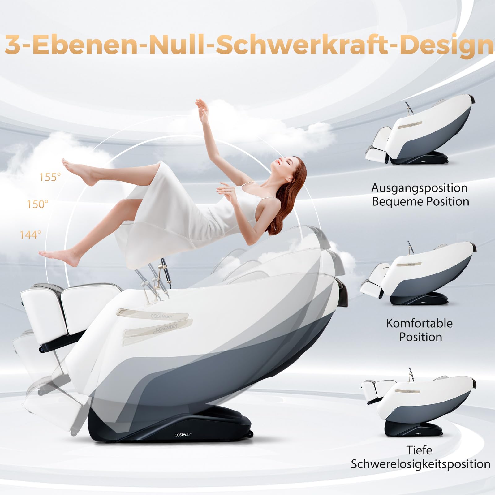 COSTWAY Massagesessel, Zero Gravity SL Track Shiatsu Massagestuhl Heizung & Luftdruckmassage, Ganzkörpermassagesessel mit 12 Automatik-Modi & Fernbedienung, Elektro Relaxsessel für Zuhause (Weiß)