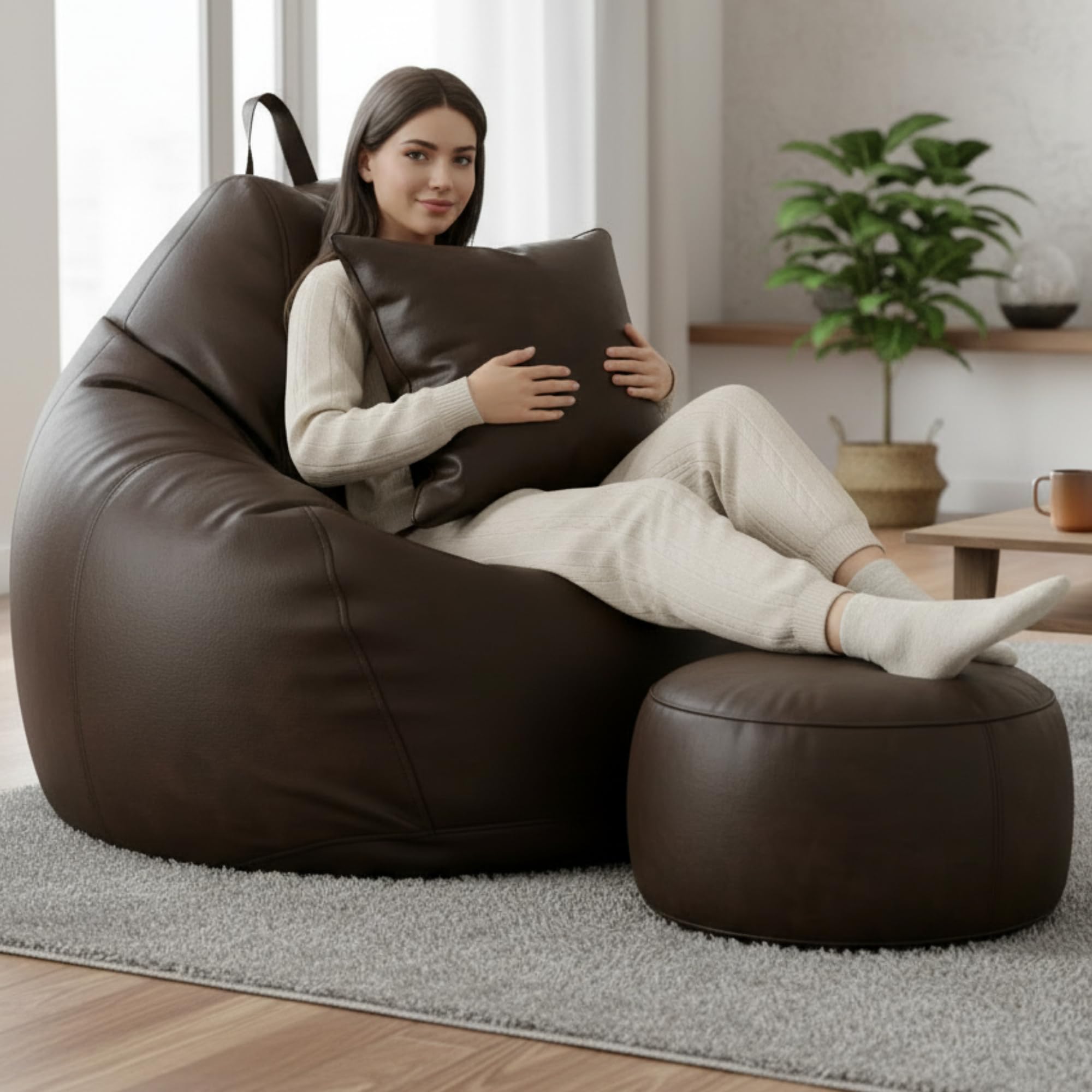 4XL Bean Bag Chair with Footrest & Cushion | Pre-Filled Beans | PVC Leatherette Lounger Sofa | Indoor & Outdoor Bean Bag with Pocket & Handle | Double Stitching | 6 Months Warranty Color- (Brown)
