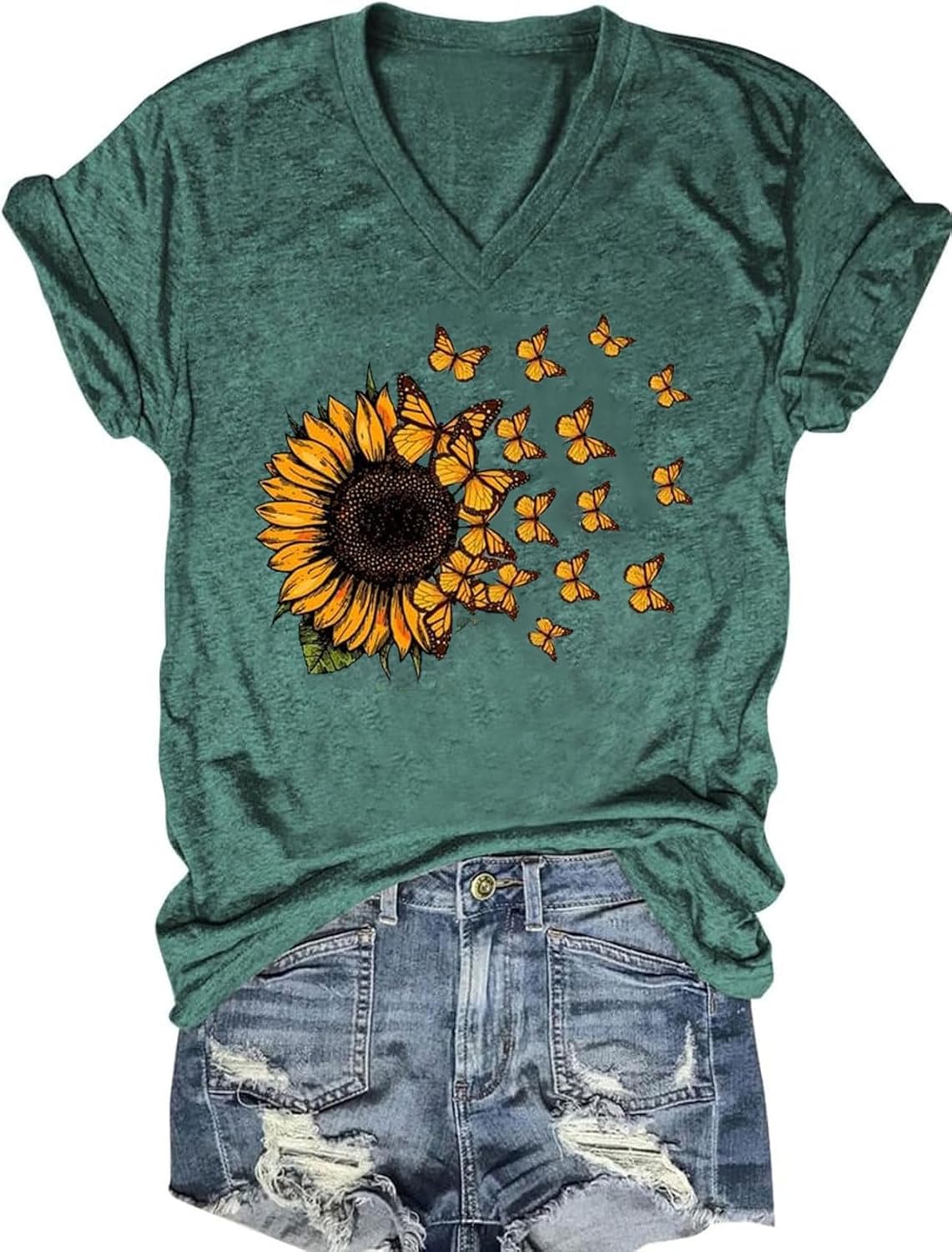 Women's T-Shirts V-Neck Boho Flowers Wildflowers Graphic Tees Shirts Cute Casual Summer Tops Short Sleeve T Shirt