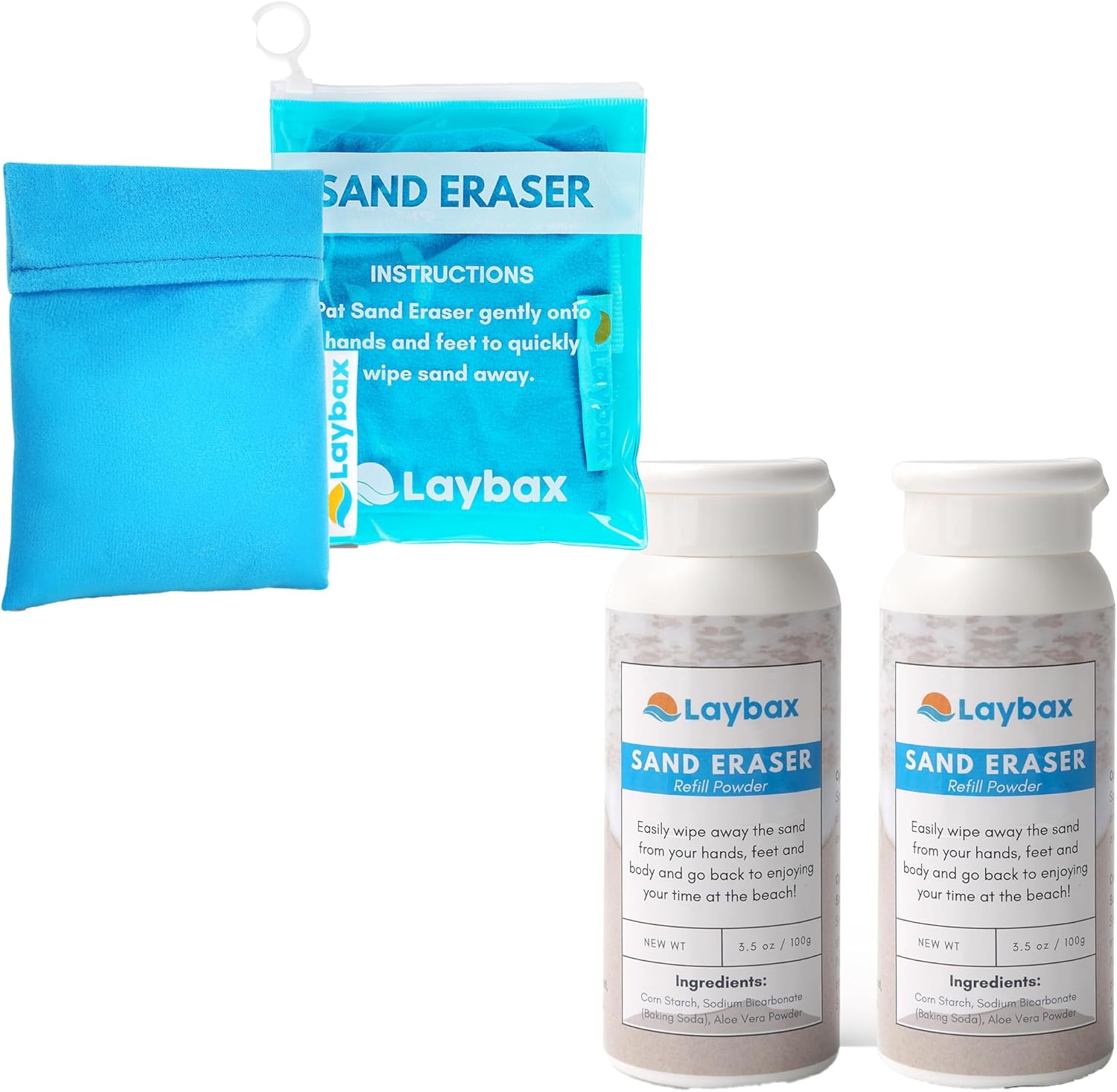Sand Eraser Bundle – Refillable Sand Remover with Hand Strap + 2-Pack 100g Refill Powder – Talc-Free, 3-Ingredient Sand Removal Kit for Beach, Baby & Travel – Eco-Friendly & Safe for All Ages