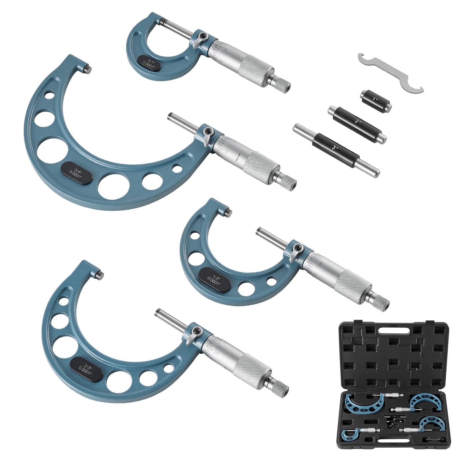 VEVOR Bügelmessschraube 4-tlg. Set, Mikrometer mit einer Messgenauigkeit von 0,0001/0,0002 Zoll, Messschraube für Metallbearbeitung & Maschinenbau mit Koffer, 0-1/1-2/2-3/3-4 Zoll