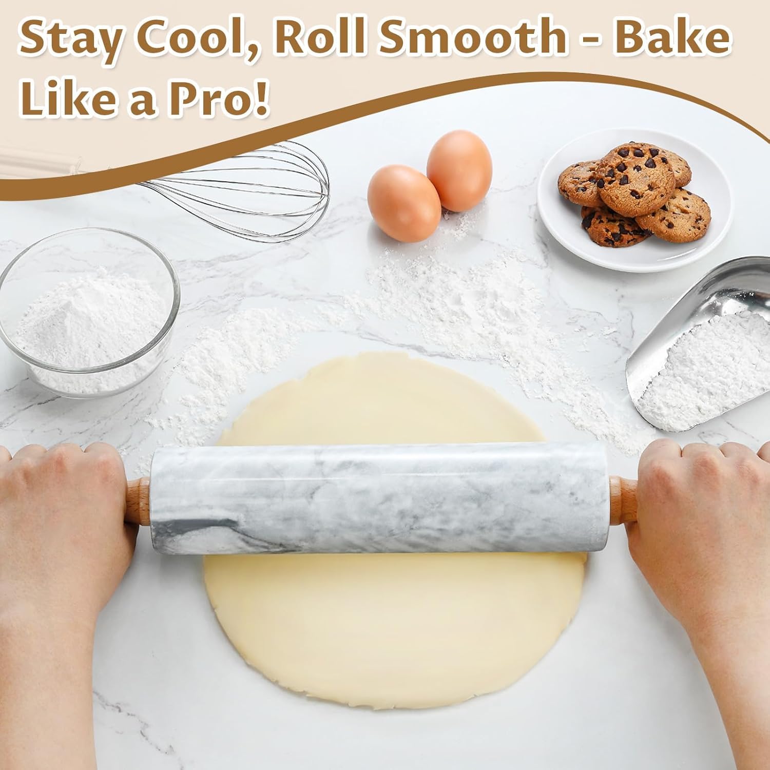 Mattarello in marmo da 48 cm con manici e base in legno, mattarello in marmo per cottura, pasticceria, pasta per pizza e altro ancora, superficie antiaderente lucida, rullo lungo per impasto (nero)
