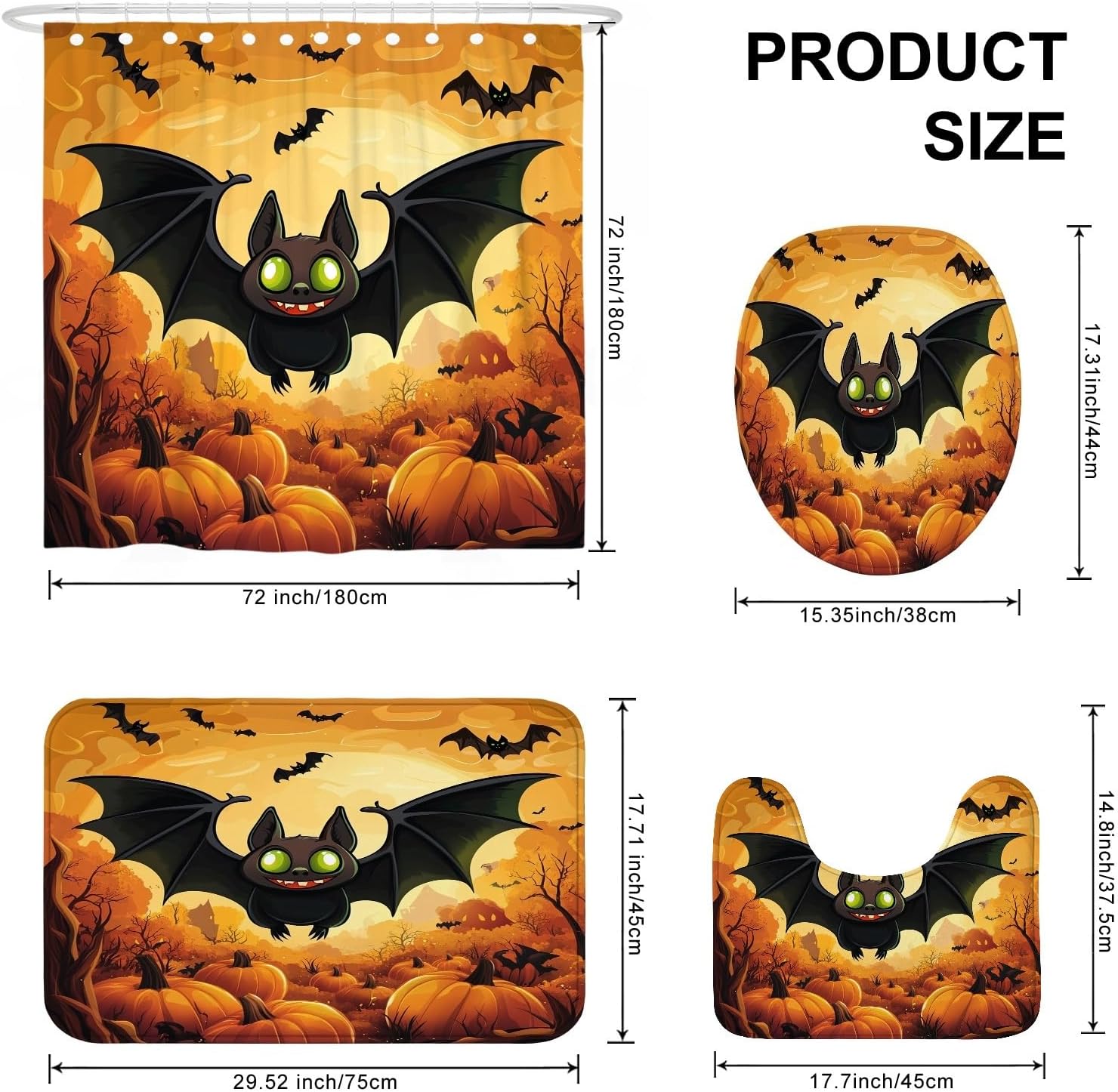 4PCS Halloween Horror Bat Bathroom Accessory Sets with Non-Slip Rug, U Shape and Toilet Lid Cover Mat, Cartoon Fun Scary Pumpkin Bath Print Decor-72''x72''