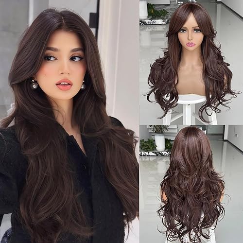 Dark Brown Long Wigs for Women Layered Wavy Wig with