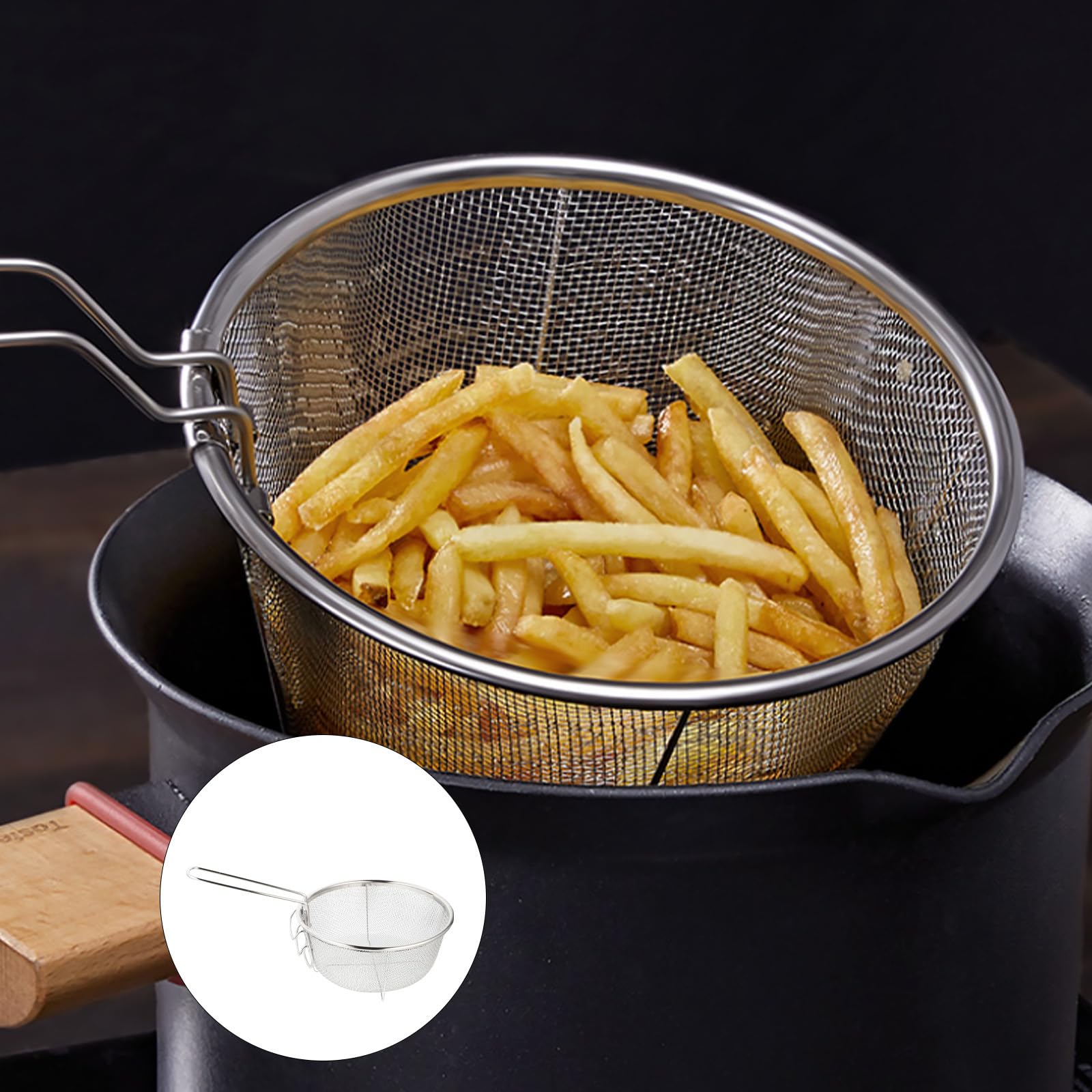 Steel Round Wire Fry Basket Stainless Steel Frying Basket Strainer Basket Mesh Skimmer Strainer French Fries Chicken Frying Basket Handle dish frying basket