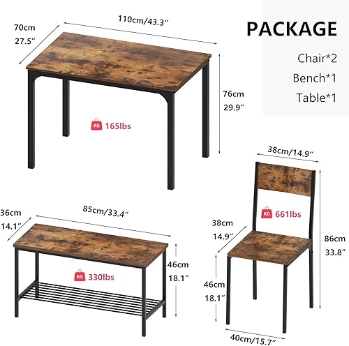 Miniatura 3 de SogesPower Juego de mesa de comedor de 43 pulgadas con 2 sillas y banco, juego de mesa de comedor para 4 hogares, cocina, comedor, restaurante,