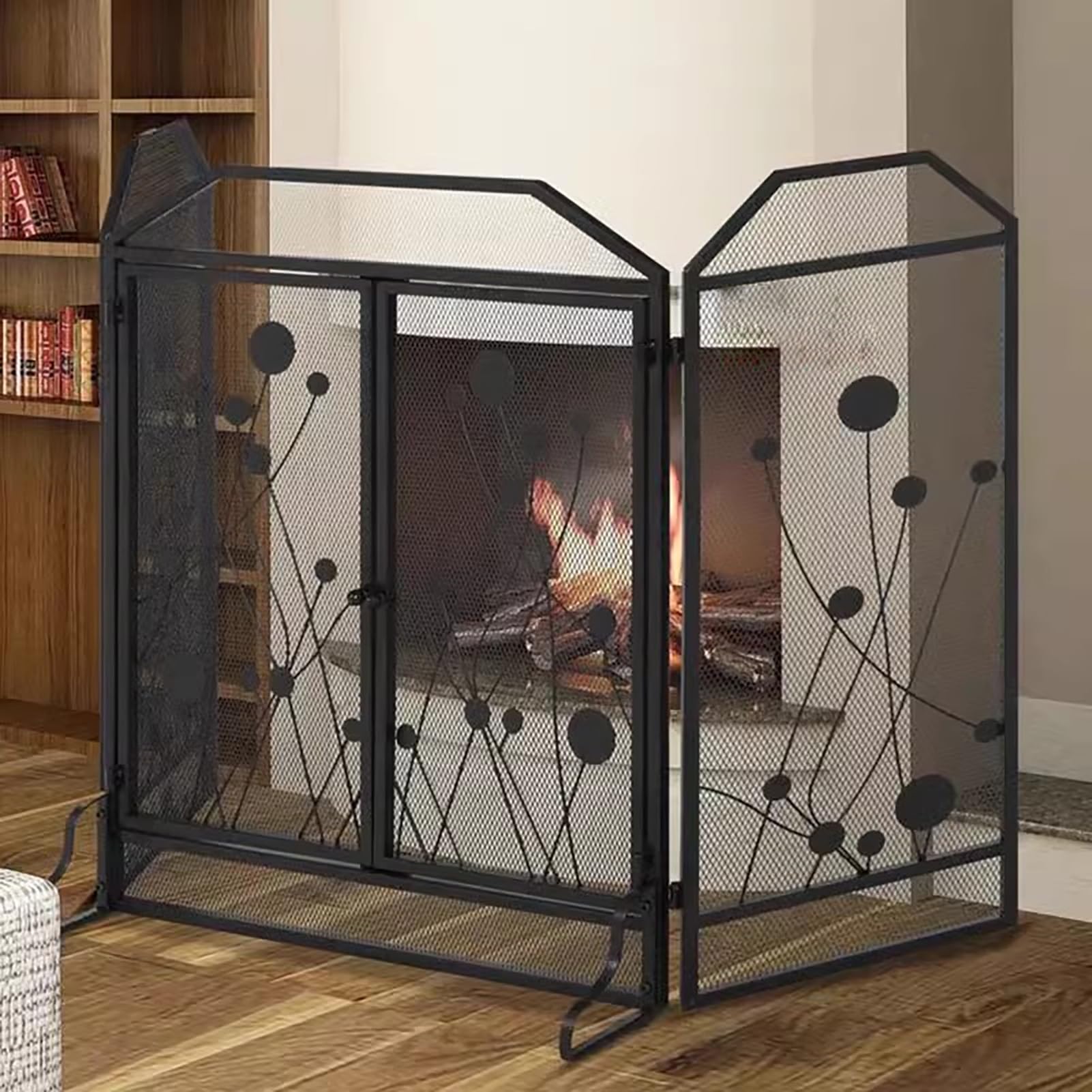 Salvachispas Chimenea Mampara de Chimenea Plegable de 3 Paneles con Puertas Dobles, Malla Protectora Negra para Estufa de Leña para El Hogar, Cubierta Moderna con Bisagras y Puerta a Prueba de Chispas