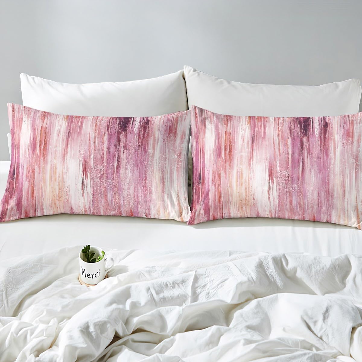 Erosebridal Abstract Brush Stroke Bed Sheets Full Size Pink Artistic Striped Fitted Sheet Modern Minimalist Oil Painting Style Bedding Sets Geometric Aesthetic Sheets