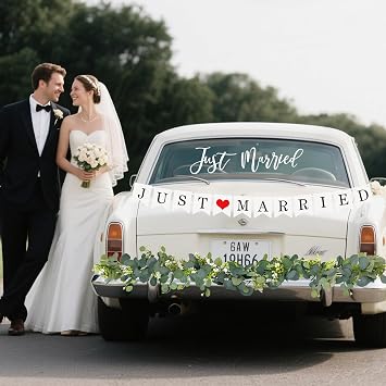 Just Married Car Decorations Kit Wedding Car Decor with Artificial White Roses Banner Flower Vine Tulle Ribbon Sign Stickers Getaway Car Accessories for Bride and Groom Send Off SUV Truck