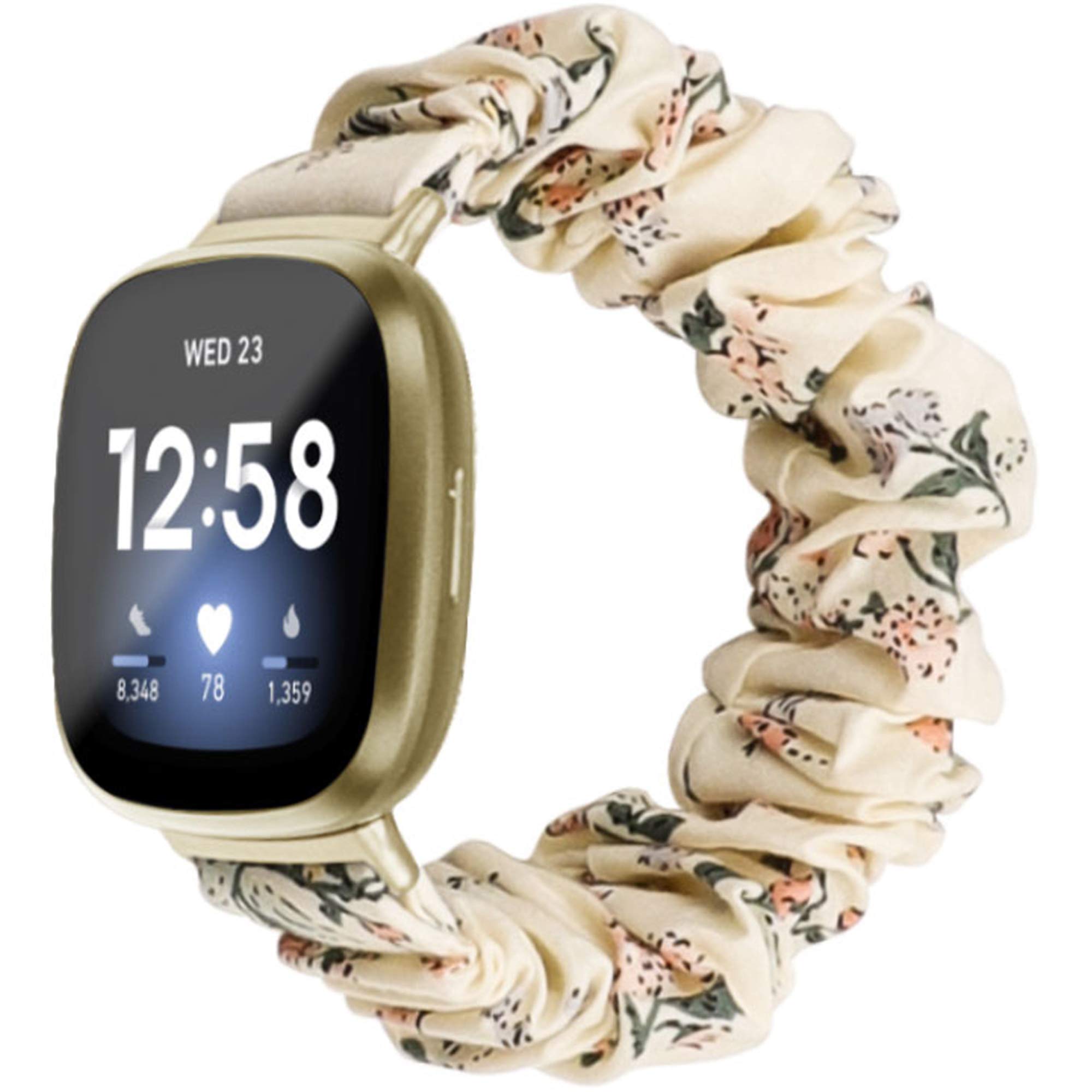 Compatible with Fitbit Versa 3/ Fitbit Sense Bands Women, Feminine Elastic Stretch Fabric Scrunchy Replacement Watch Band Straps Bracelet Wristband Fit for Fitbit Sense/ Versa3 (Beige, Small)