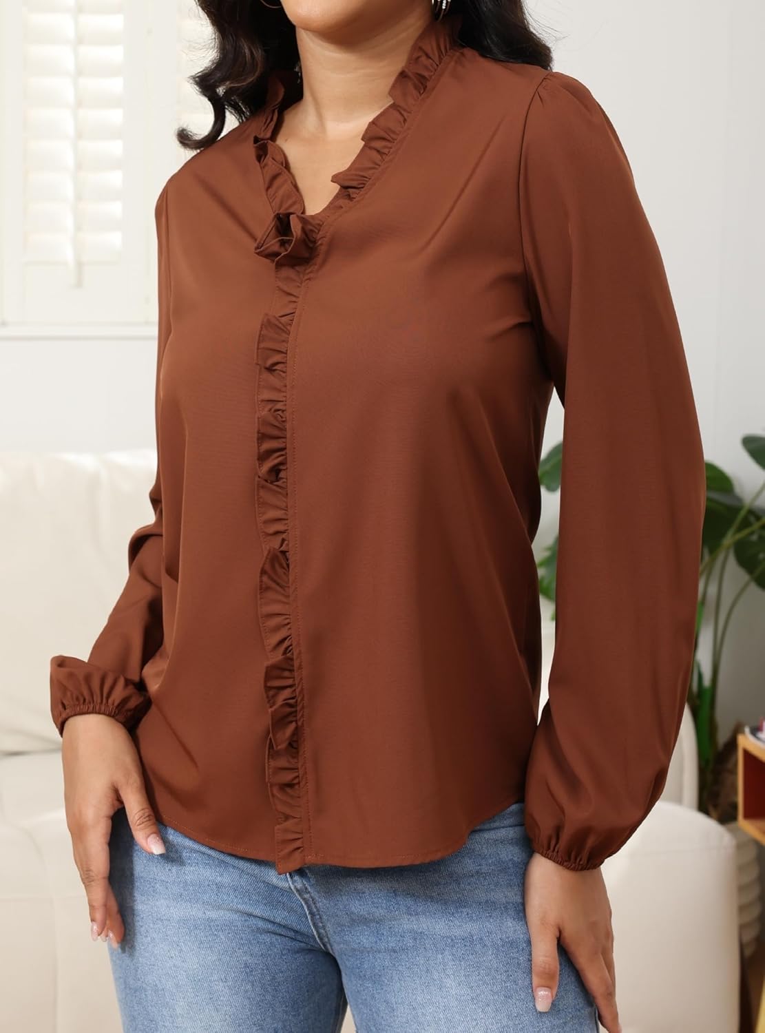 Women Blouses Ruffled V Neck Long Sleeve Shirt Solid Dressy Tops - Image 5