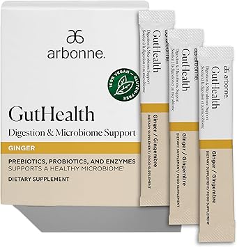 Arbonne دعم الهضم الصحي للأمعاء - ميكس مشروب الميكروبيوم البريبايوتيك والبروبيوتيك، مسحوق البروبيوتيك ومسحوق البريبايوتك مع الإنزيمات للحصول على أمعاء صحية