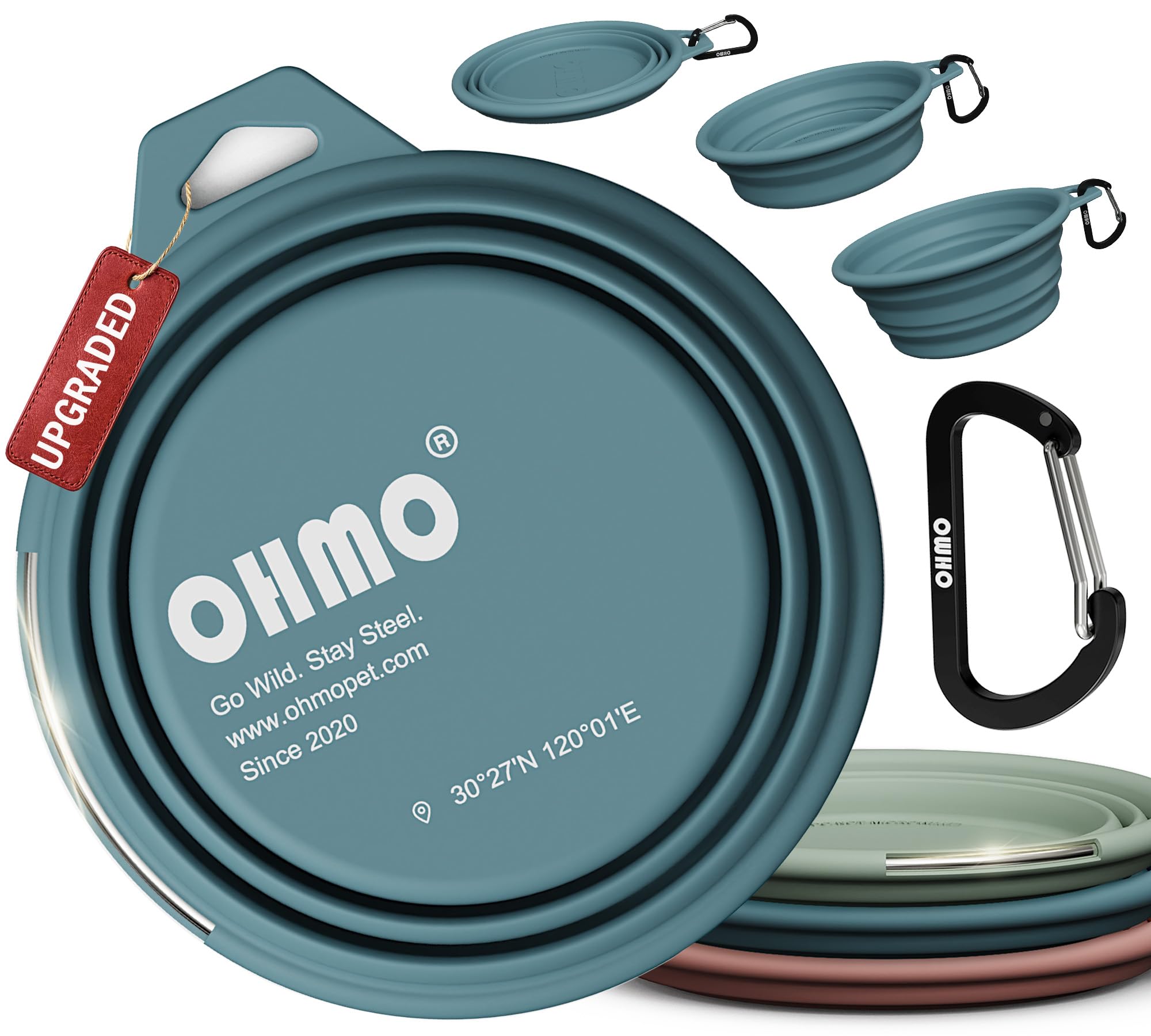 OHMO Collapsible Dog Bowl with Built-in Stainless Steel Ring, Large 800ml Premium Silicone Pet Water Bowls for Cats & Dogs, Portable Dog Travel Bowls for Outdoor Camping Hiking โ image 1