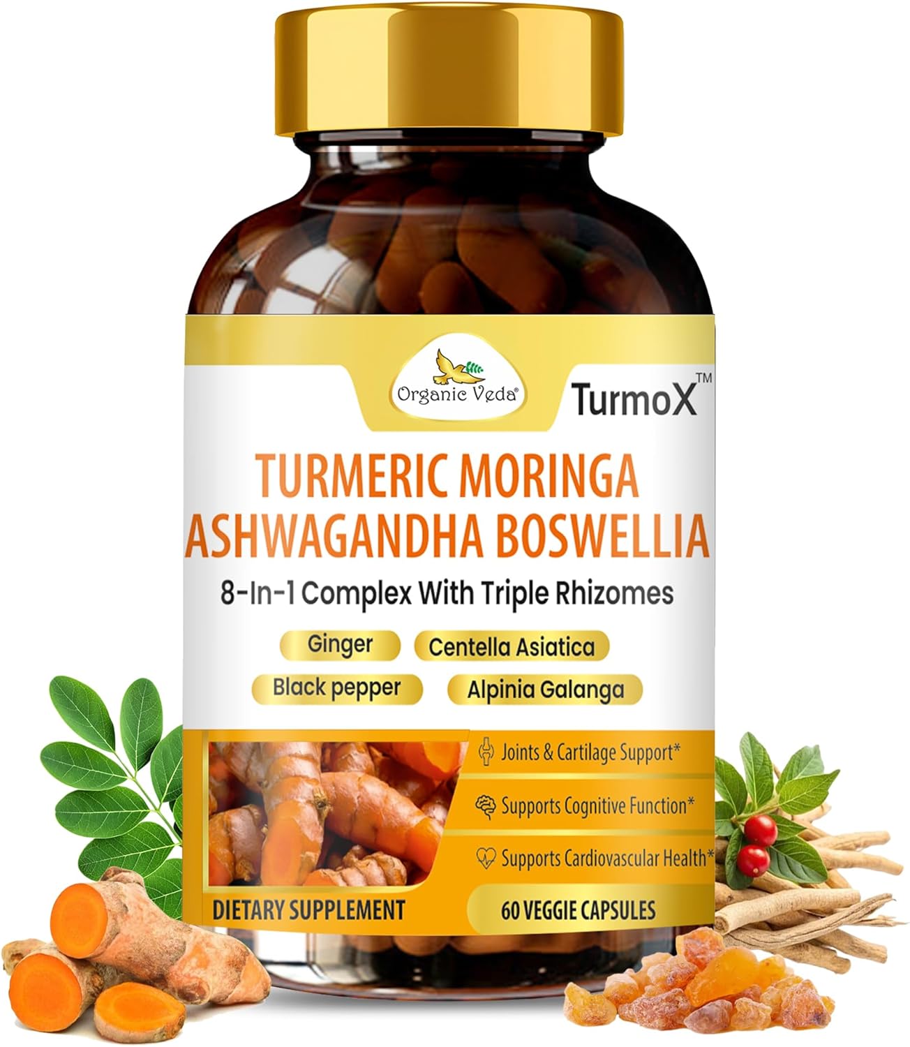 Organic Veda TurmoX Turmeric Moringa Ashwagandha Boswellia Capsules – Triple Rhizomes & 8 in 1 Antioxidants, Brain, Heart & Joints Support Supplement with Ginger & Black Pepper - 60 Capsules
