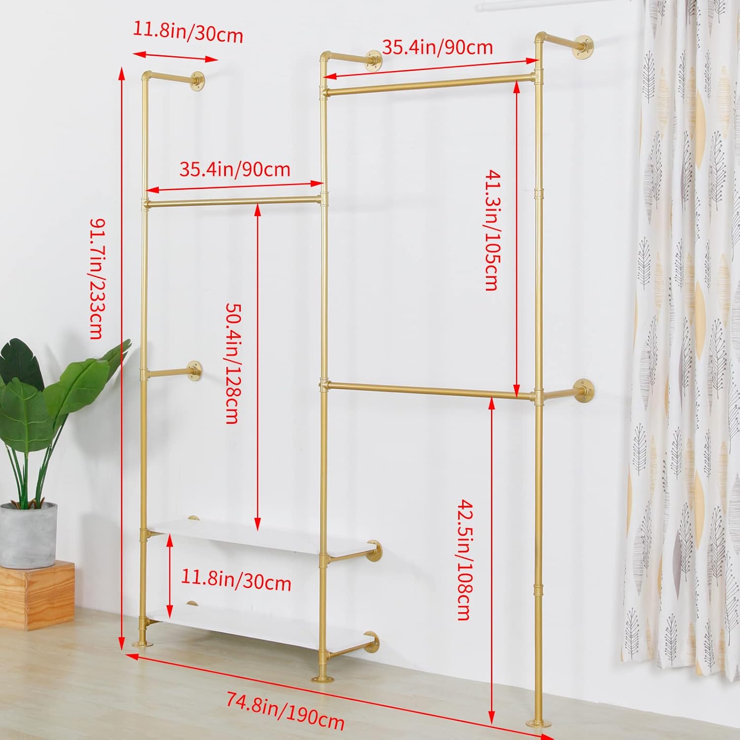 Industrial Style Wall Mounted Clothing Rack - Heavy Duty Pipe Garment Rack with Wood shelves, Multi-Functional Wardrobe System for Boutique/Closet,Gold (74.8" W x91.7 H)