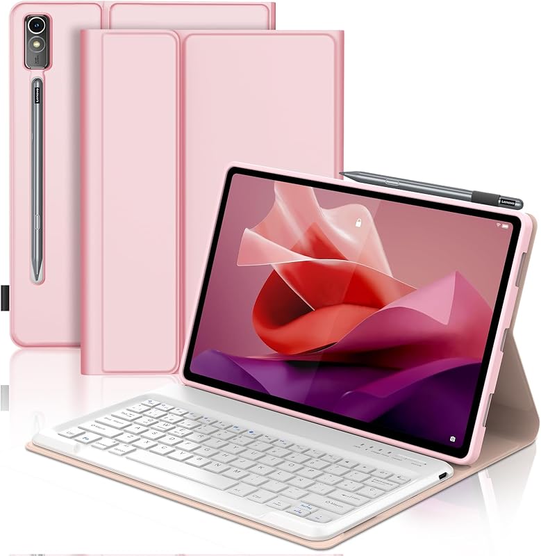 SENGBIRCH Lenovo Tab P12 2023 12.7" Bluetooth Billentyűzet Tok Világosrózsaszín
